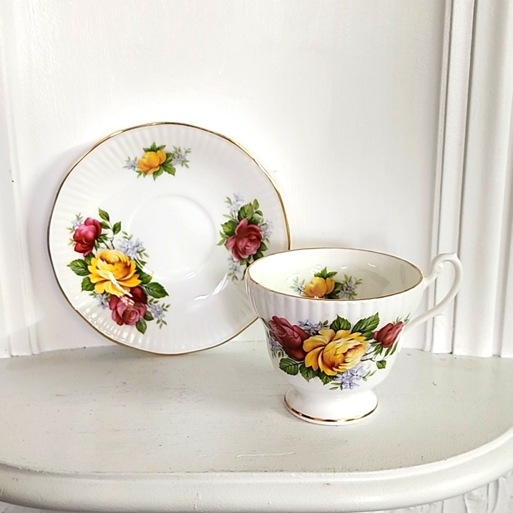 Royal Minster Tea Cup and Saucer Set England Yellow Red Cabbage Roses